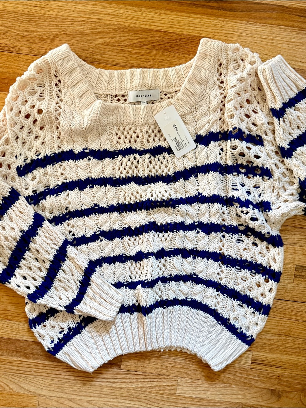 John + Jenn Cream Open-Knit Sweater with Navy Stripes NWT